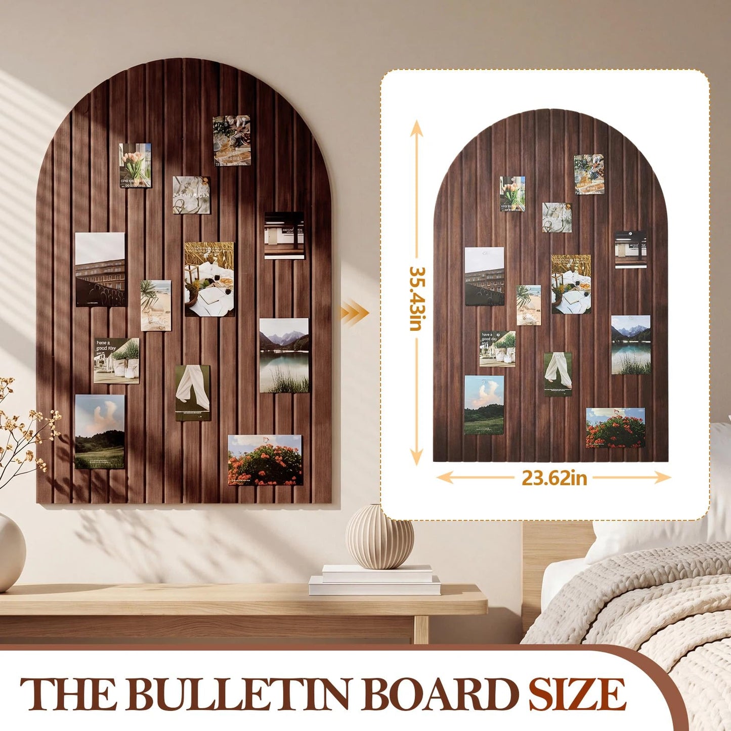 Mindsoft 1 Pcs 35" x 24" Large Integrated Arched Felt Bulletin Board - Foldable Cork Board Alternative - No Assembly Wall Decor for Office, Bedroom & Home Display Photos (Walnut)