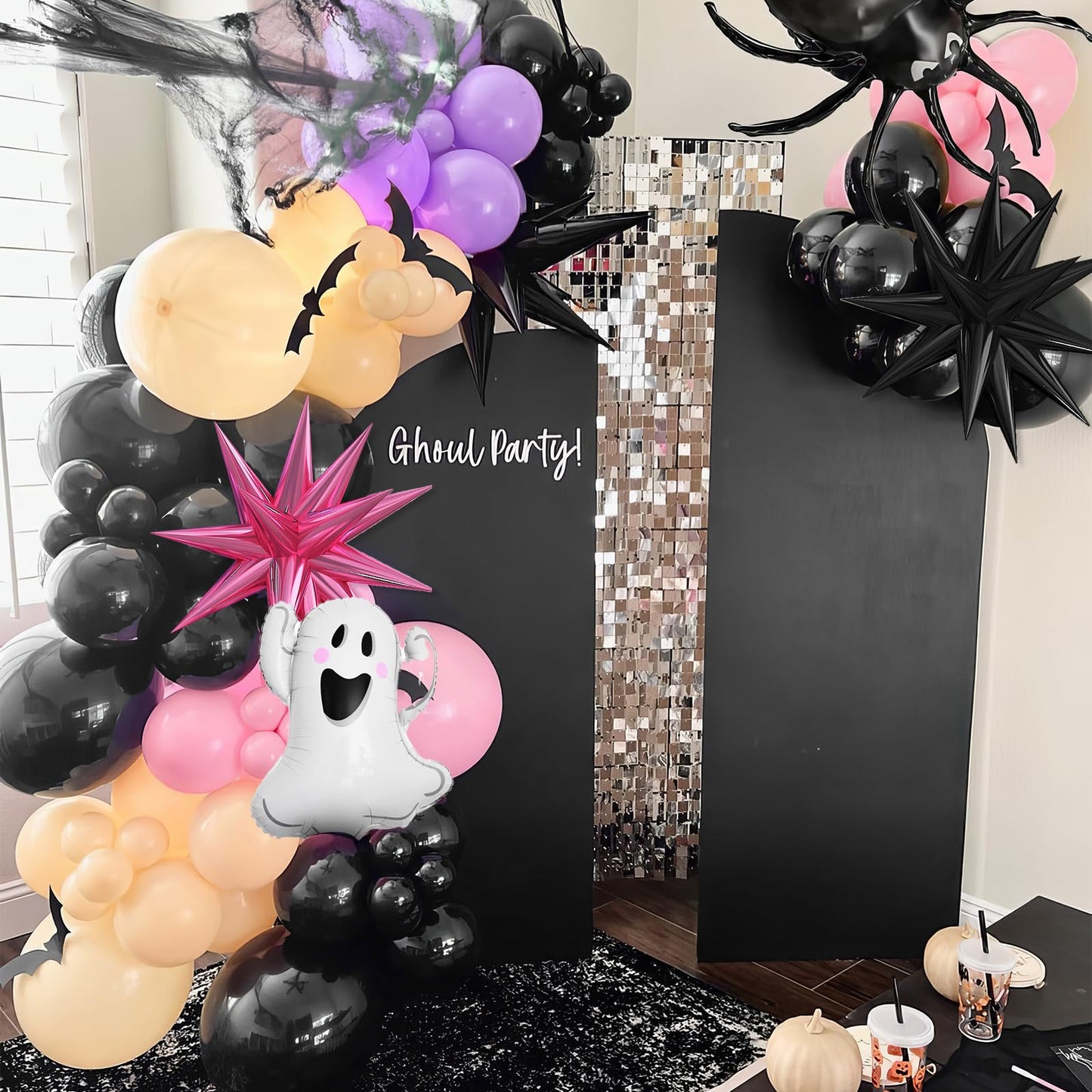 Pastel Halloween Balloon Arch Kit, Purple Pink Orange Black Balloons Garland with Cute Ghost Balloons Pink Explosion Star Foil Balloons for Girls Spooky Birthday Party BOO Halloween Party Decoration