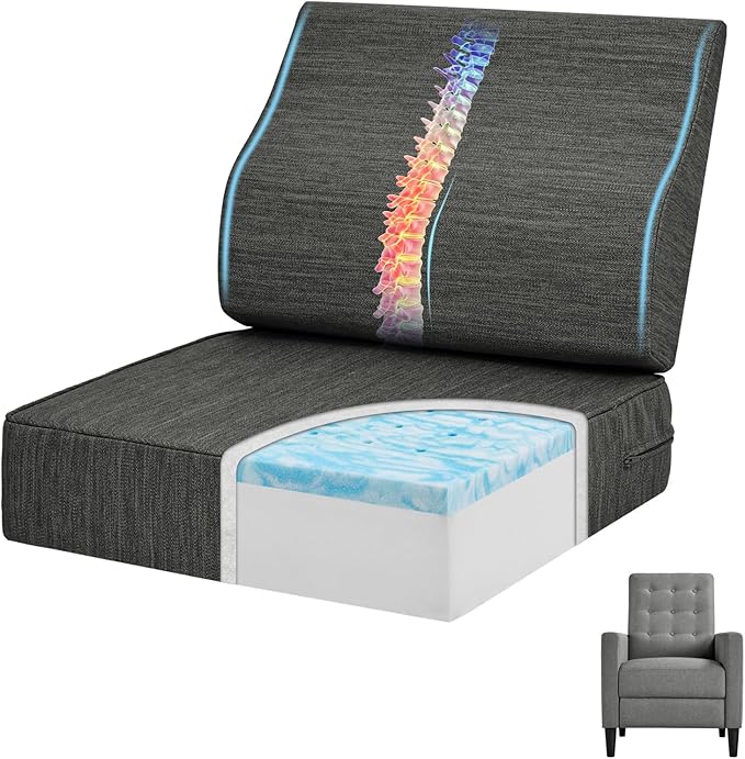 baibu Gel Memory Foam Recliner Cushions with Lumbar Support Pillow for Elderly, 20x20x5 Inch Thick Dual-Layer Patent Design Non-Slip Seat Cushion for Recliner Chair for Reduce Hip & Lumbar Pain, Black