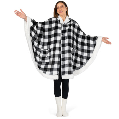PAVILIA Hooded Blanket Poncho, Women Sherpa Fleece Shawl Wrap with Hood, Wearable Blanket Cozy Warm Poncho Cape Throw with Pockets, Gift for Elderly Mom, Black and White Buffalo Plaid Checkered