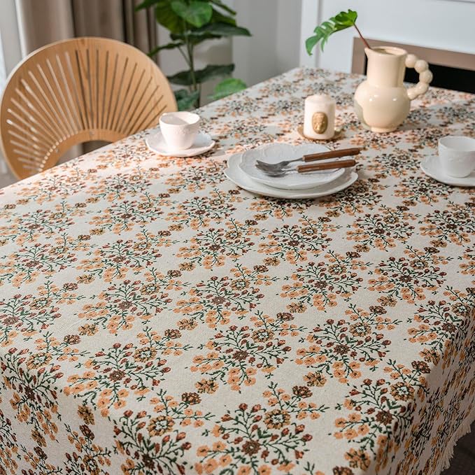 VClife Beige Floral Print Table Cloth, Linen Texture Tablecloth