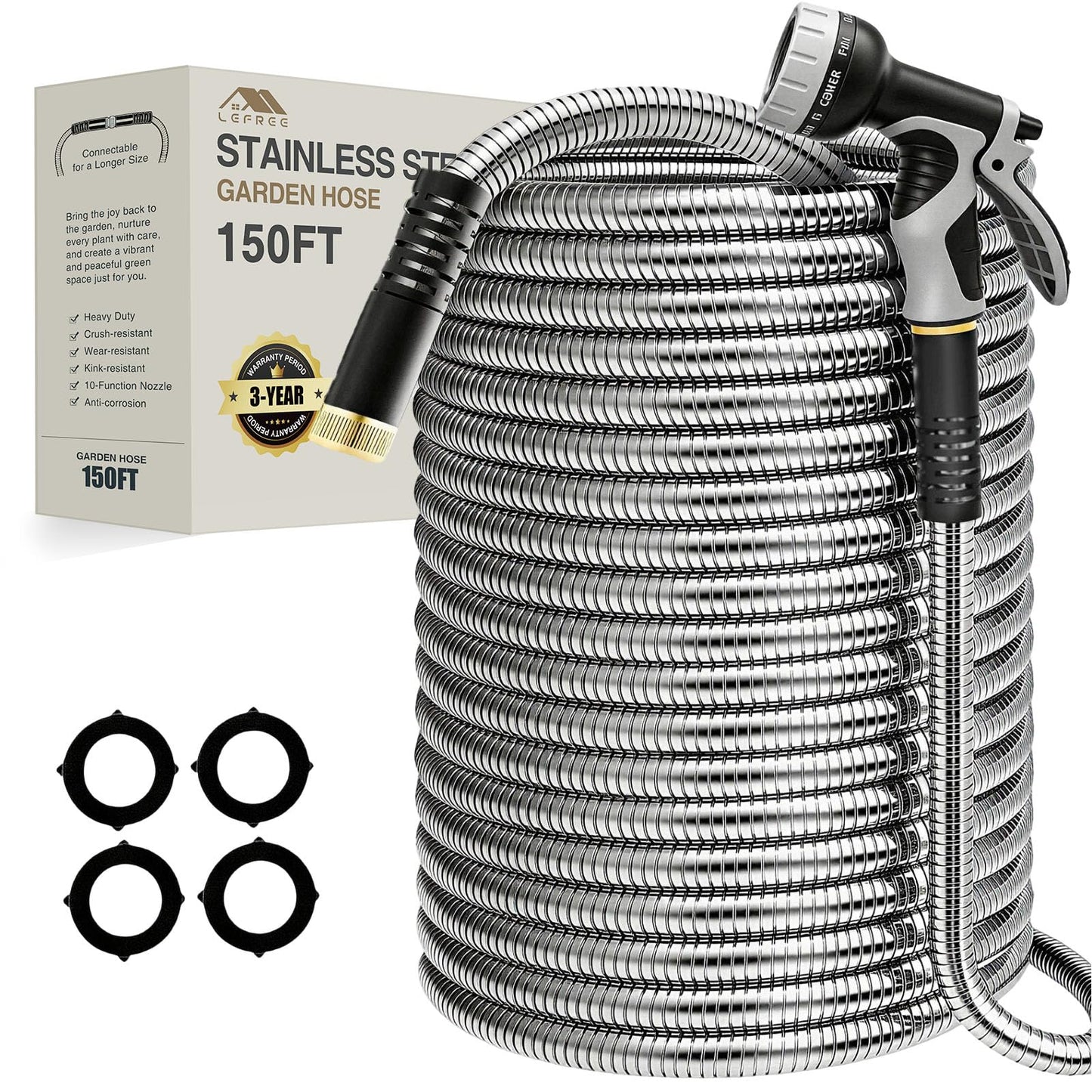 Lefree 150ft Stainless Steel Garden Hose - No-Kink Leak-Proof Crush Resistant, with Upgraded Protective Rubber Sleeve, 10-Function Nozzle for Lawn Care, RV Camp, Long-Distance Yard Watering
