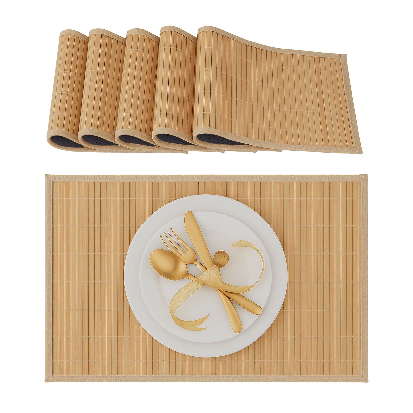 Relaxdays Table Set of 6 Place Mats, Bamboo, 6 Non-Slip Placemats, Washable, 30 x 45 cm, Natural Brown, Wood, 30 x 45 x 0.3 cm