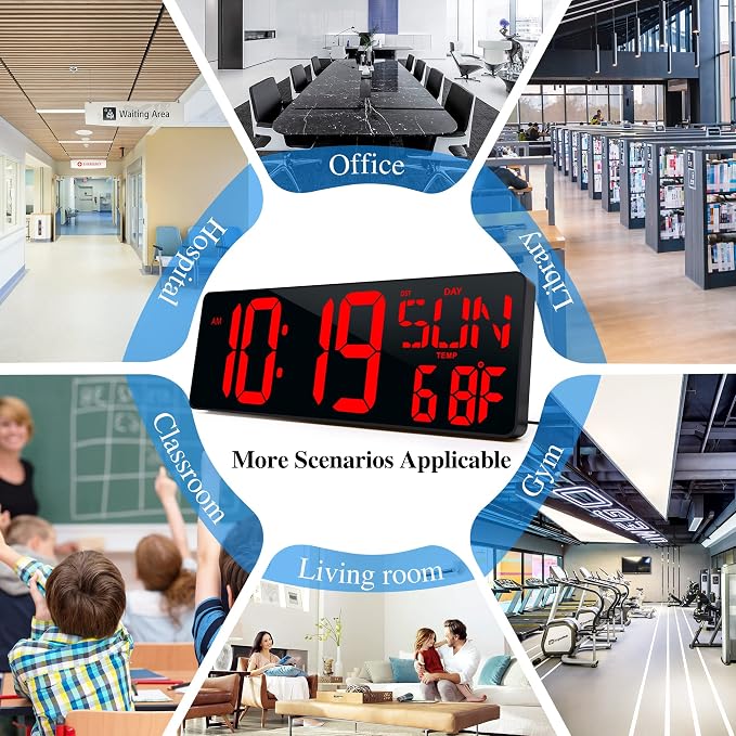 17.2"Large Digital Wall Clock Large Display with Remote Control 180°Visible | Timer with Temperature Date Week Auto DST Adjustable Brightness, for Living Room Classroom Garage Gym Gift for Senior Mom Dad