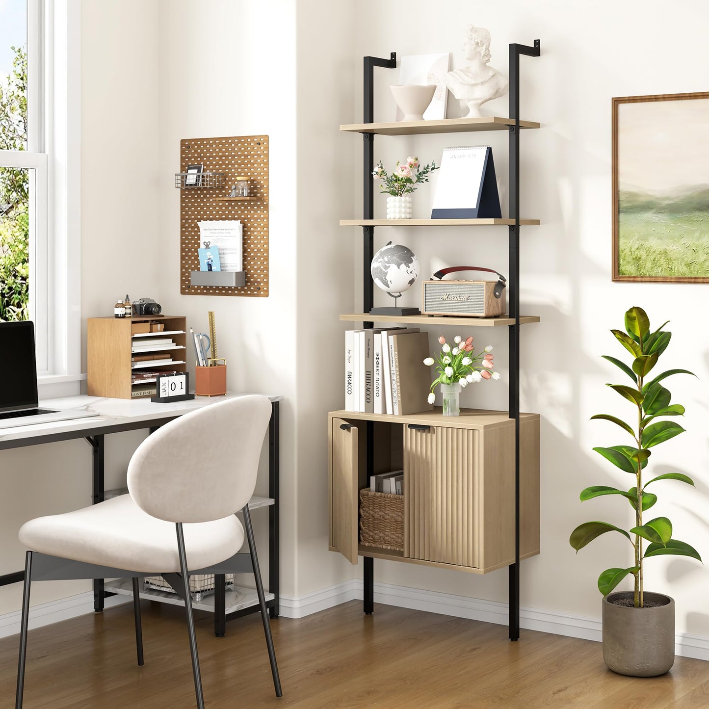 Yusong 73" Tall Bookshelf with Cabinet, Industrial Ladder Wall Mount Shelf Bookcase with Wood and Metal Frame, Plant Shelf Wall Storage Display for Living Room Bedroom, Wavy Light Ivory