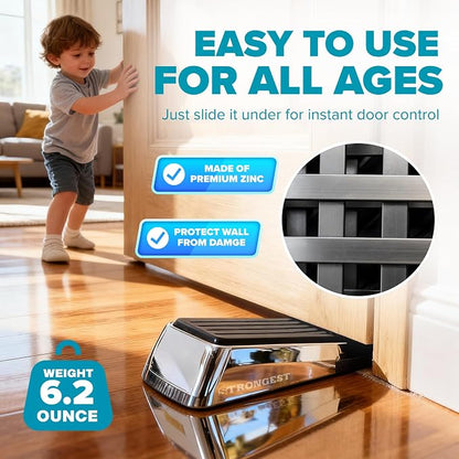 STRONGEST HOME Stoppers for Bottom of Door – Heavy Duty Metal Rubber Door Stopper, Non-Slip Door Stop for Heavy Doors, Works on Wood, Tile & Carpet Floors, Wedge Chrome 1 PC + 1 White Wall Protectors