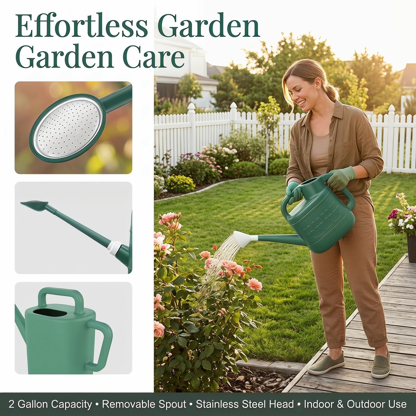2 Gallon Resin Watering Can，Garden Outdoor with Removable Long Spout and Stainless Steel Sprinkler Head,Large Plastic Suitable for Garden, Indoor Plants, or Outdoor Flowers (Green) (10L)