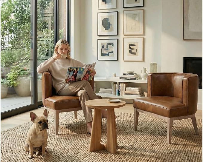 Brown Leather Barrel Chairs Set of 2