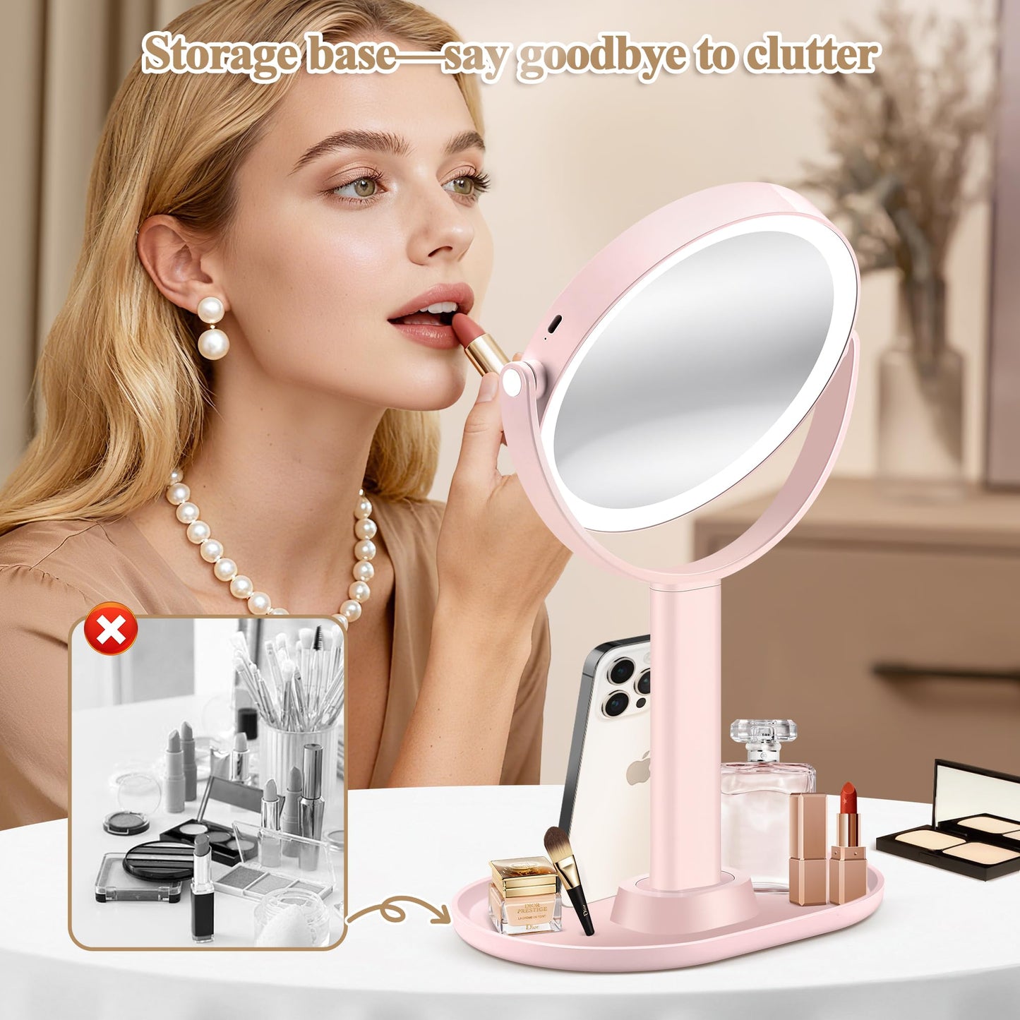 Makeup Mirror with Lights, Double Sided 1x/20x Magnifying Mirror with Light, Rechargeable 3 Color Lights and Adjustable Brightness, 360° Rotation Detachable Comes with Tweezer(Black)