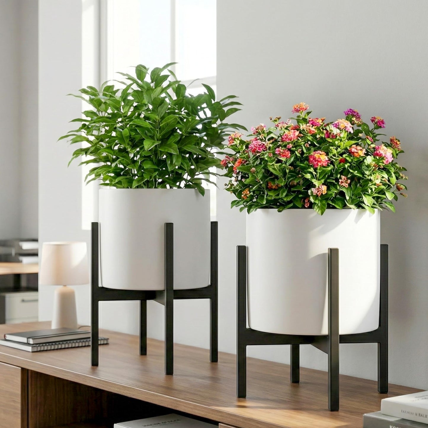 FaithLand Mid Century Plant Stand Indoor Outdoor (EXCLUDING 8" Plant Pot), Metal Planter Stand, Potted Plant Holder, Black, Hold Up to 8 Inch Planter - Upgraded Design