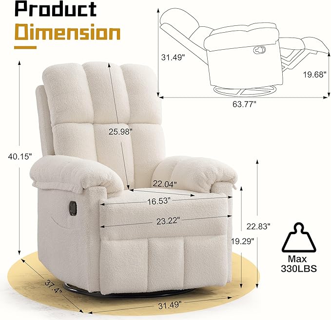 Korser Recliner Chair, Swivel Rocker Recliner Chair