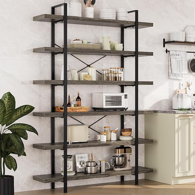 Heavy Duty 6-Tier Industrial Bookcase, 120lbs Shelf Capacity, Rustic Open