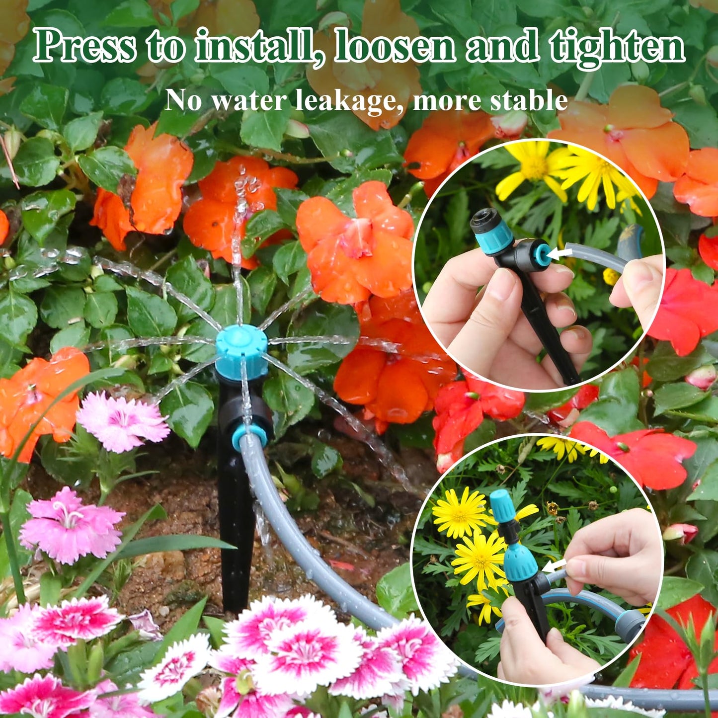 TRJZWA 150FT Drip Irrigation System Kit with 2 Zone Water Timer for Garden,High-Flow Mainline Automatic Watering System,16PCS Adjustable Nozzles,Fast-Plug Tube for Agricultural Yard,Lawn,Greenhouse