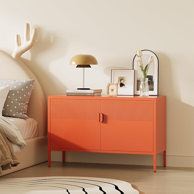 Orange Metal Storage Cabinet, 2 Door TV Stand, Metal Mesh Accent Cabinet