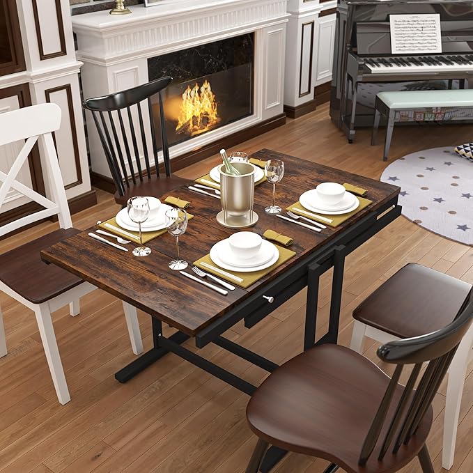 Convertible Dining Table, 2 in 1 Bookshelf to Kitchen Table, Space Saving