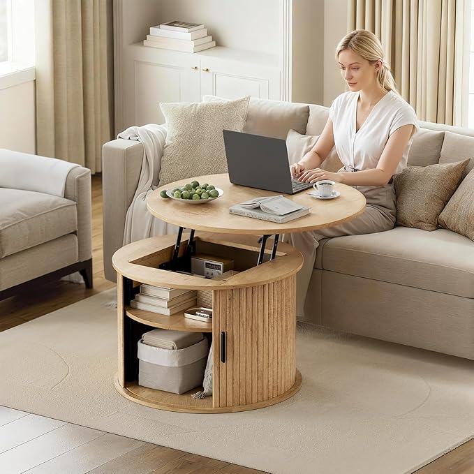 FABATO Round Lift Top Coffee Table, Fluted Wood Accent Coffee Table