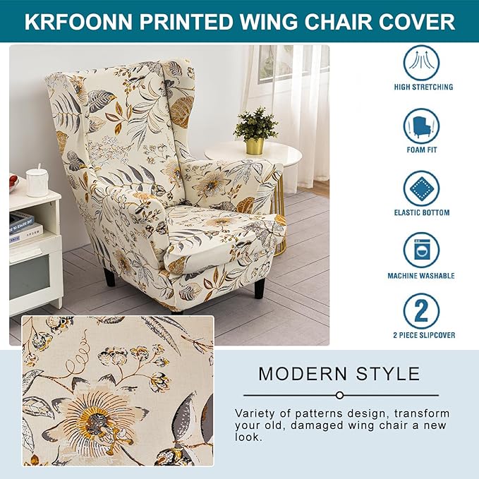 KRFOONN Wingback Chair Covers Slipcovers 2 Piece Stretch Wing Chair Covers