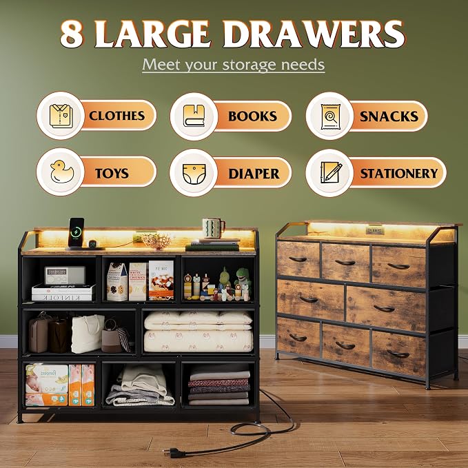 WLIVE Led Dresser for Bedroom, TV Stand for Bedroom with LED Lights and Power Outlet, Wide Chest of Drawers for Hallway, 8 Fabric Drawers for Living Room and Entryway, Rustic Brown