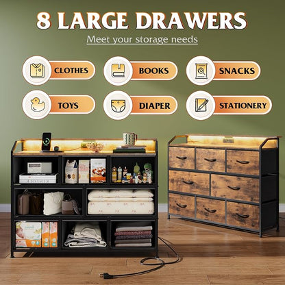 WLIVE Led Dresser for Bedroom, TV Stand for Bedroom with LED Lights and Power Outlet, Wide Chest of Drawers for Hallway, 8 Fabric Drawers for Living Room and Entryway, Rustic Brown