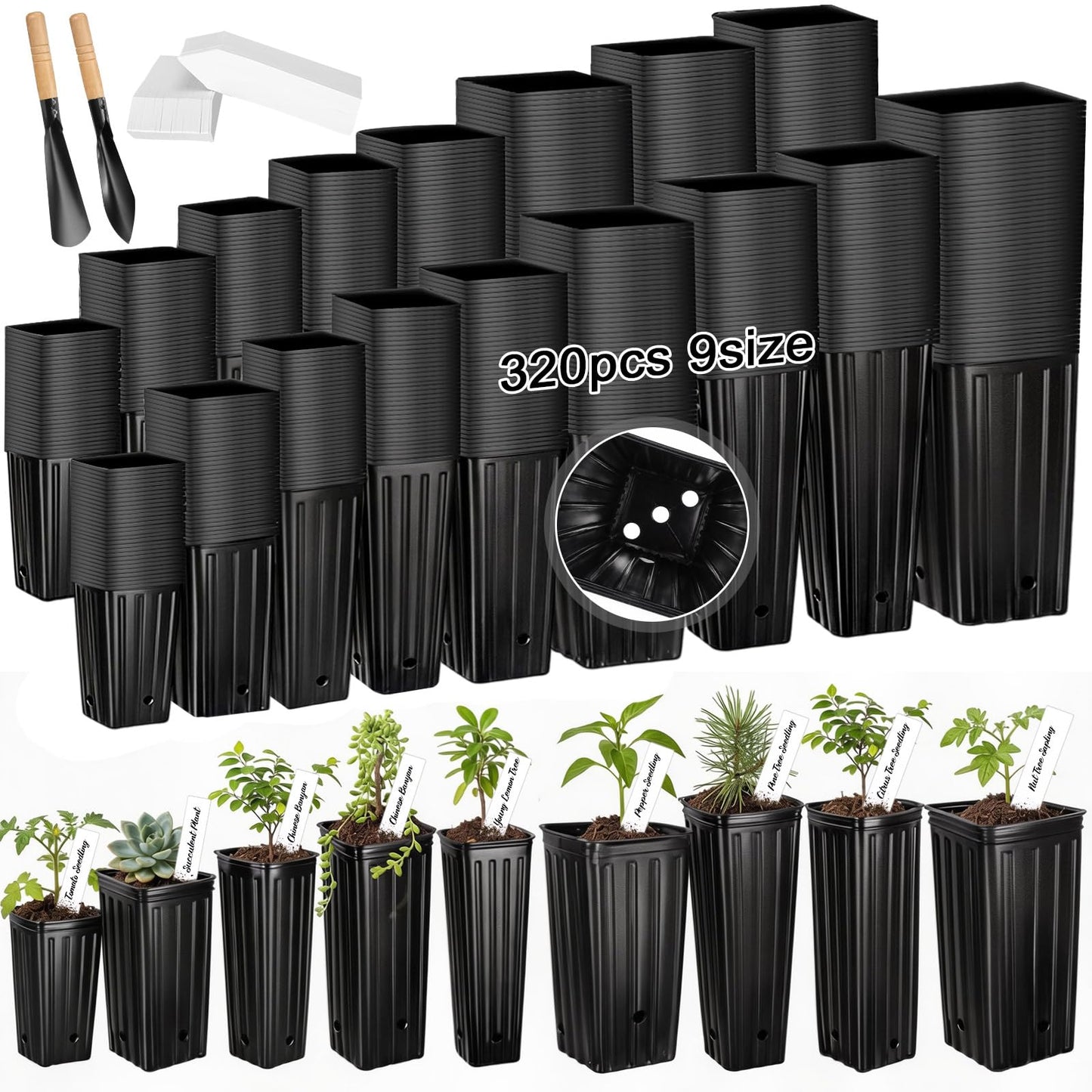 RimCereal 320 Pcs Tall Tree Pot 12.6'' 11.8'' 9.8'' Plastic Deep Nursery Tree Pot with Drainage Hole Black Seedling Plant Flower Container with Label, Garden Tool for Indoor Outdoor Garden, 9 Sizes
