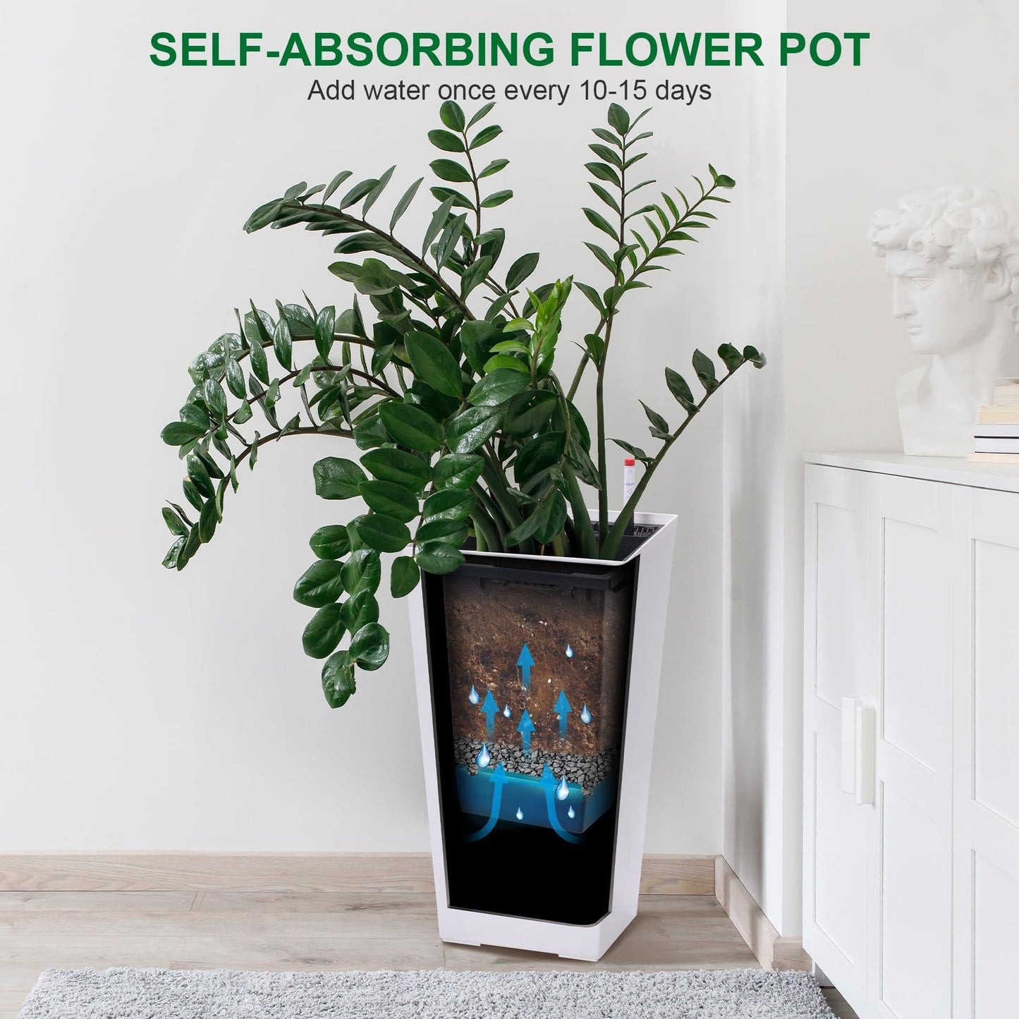 CABIHOME 22.5In Tall Planter, High Front Porch Plant Pots with Water Level Monitor, Detachable Inner Bucket & Drainage Holes, Indoor/Outdoor Decorative Flower Pot for Patio & Garden (Set of 2)
