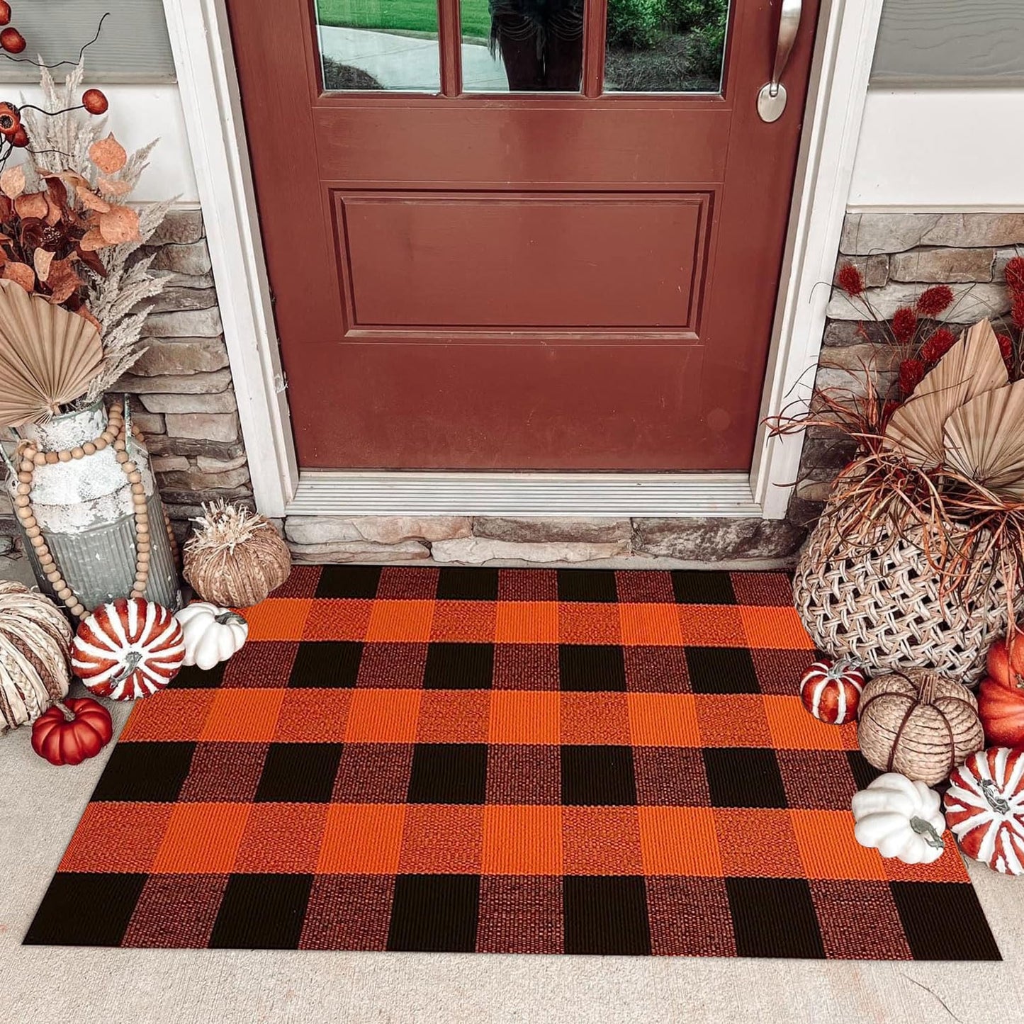 Fall Outdoor Rug Orange Buffalo Plaid Outdoor Rug Cotton Hand-Woven Buffalo Check Rug Layered Doormats for Front Door/Front Porch/Farmhouse/Entryway/Patio(Orange and Black Plaid, 27.5'' x 43'')