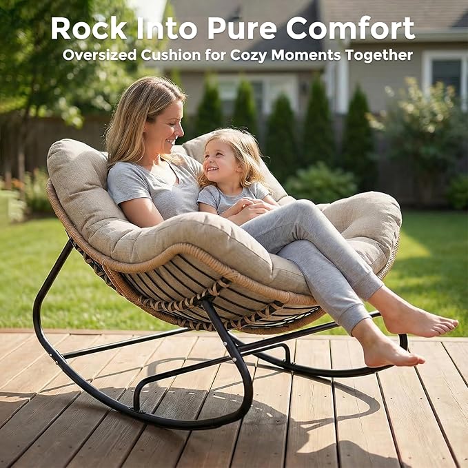 SWITTE Outdoor Papasan Rocking Chair, Oversized Patio Egg Chair