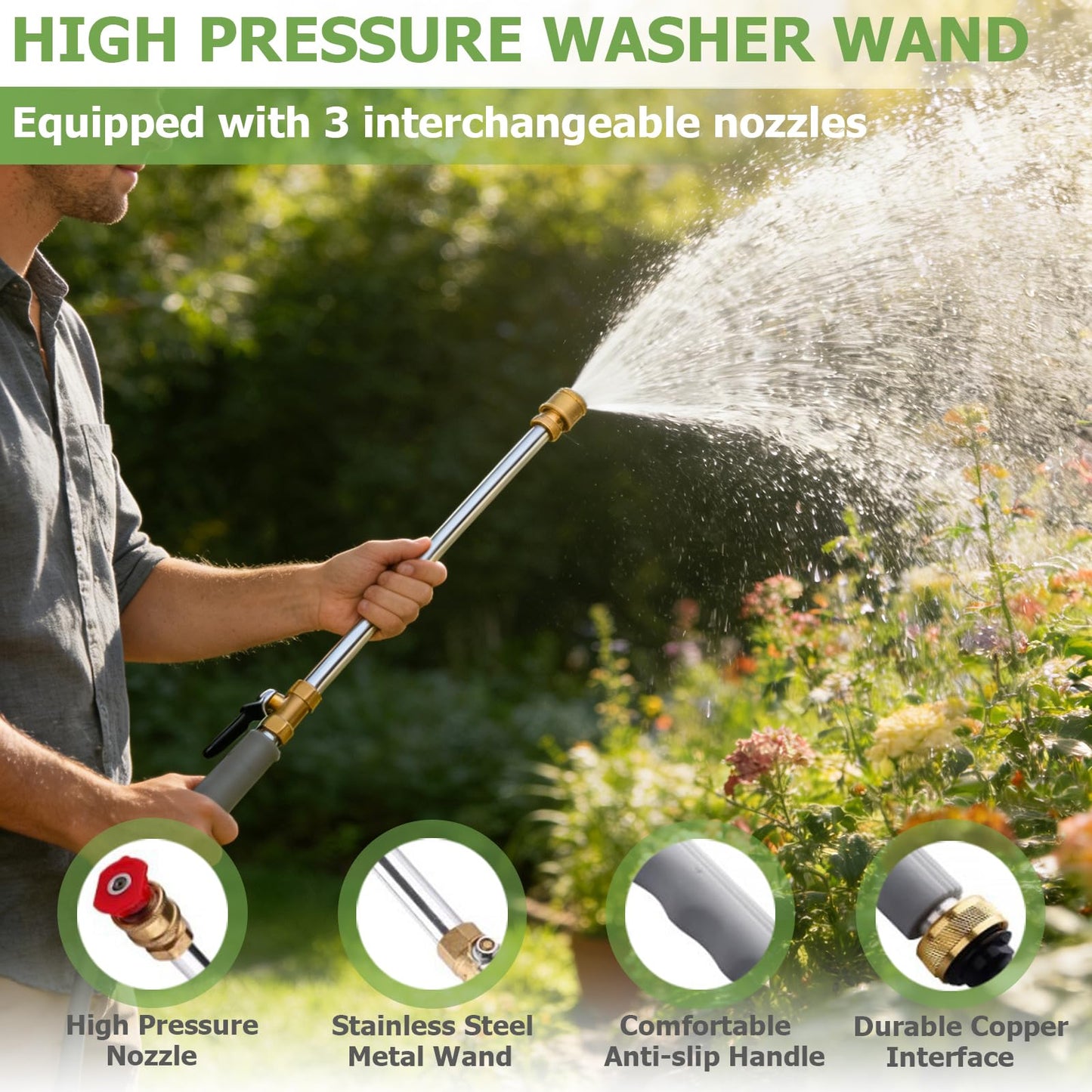 Jet Nozzle Power Washer for Garden Hose, Upgraded High Pressure Washer Wand with 3 Color-Coded Nozzles, Hydro Jet Power Washer for Car Washing, Window, Patio & Outdoor Cleaning (Grey)