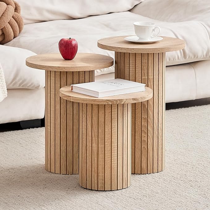 Round Side Tables Set of 3, Circle Modern Fluted Nesting Coffee Table, Accent