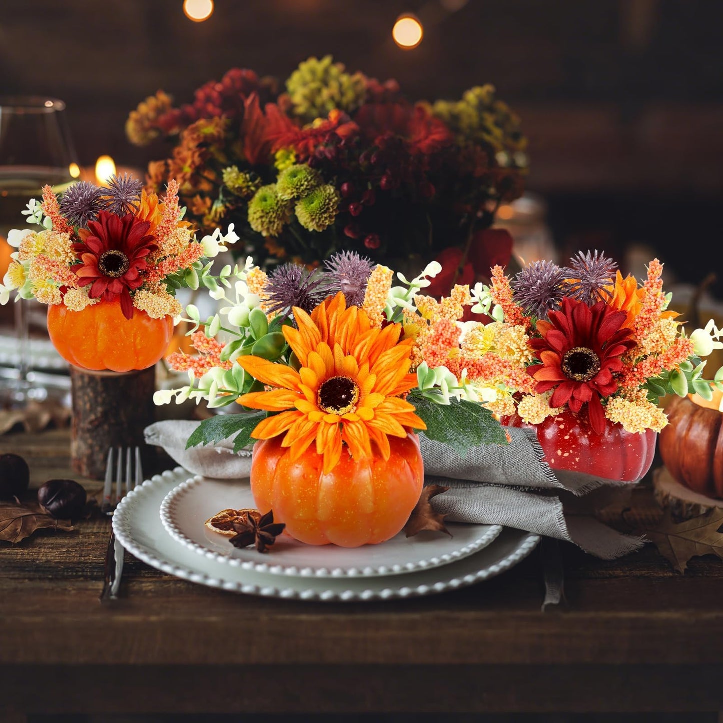 Set of 6 Mini Fall Pumpkin with Artificial Flower Decorations Thanksgiving Sunflower Centerpieces for Tables Harvest Fall Table Floral Decor Autumn Fireplace Mantle Living Room Home Kitchen Party