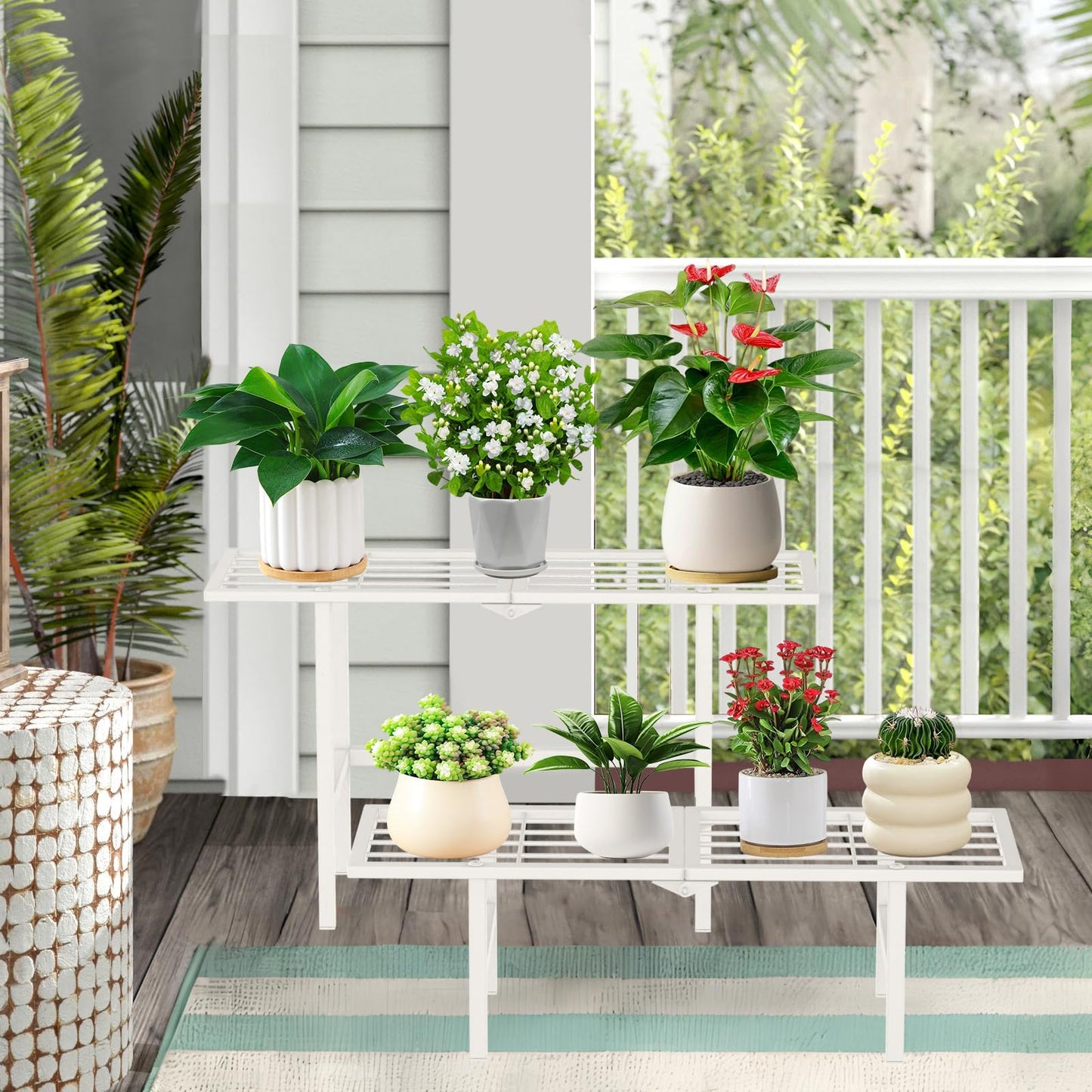 jsyonii 2 Tier Metal Plant Stand Outdoor Indoor, Separated Tiered Outdoor Folding Plant Shelf, Ladder Plant Stands Display Rack for Garden Window, 8.3/15.4'' Tall (White)