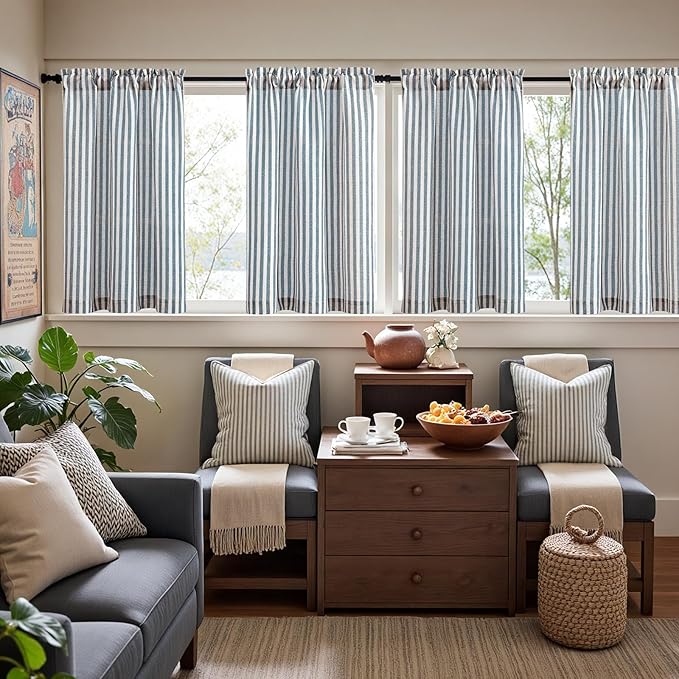 jinchan Striped Linen Kitchen Curtains 36 Inches Length Tier Curtains Farmhouse Modern Cafe Style Small Window Treatments Airy Light Filtering Rod Pocket for Living Room Bathroom 2 Panels Blue