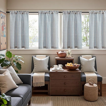 jinchan Striped Linen Kitchen Curtains 36 Inches Length Tier Curtains Farmhouse Modern Cafe Style Small Window Treatments Airy Light Filtering Rod Pocket for Living Room Bathroom 2 Panels Blue