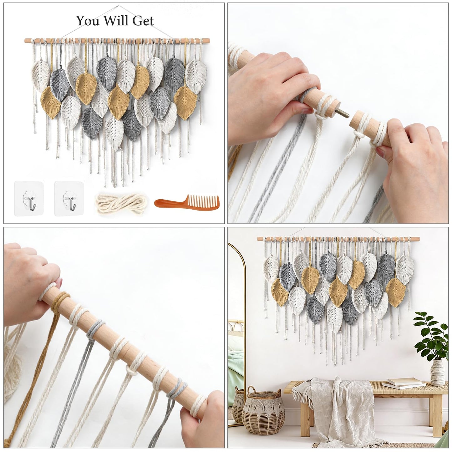 KHOYIME Large Macrame Wall Hanging Boho Woven Tapestry, Chic Modern Home Decor Bohemian Farmhouse Handmade Leaf Feather Wall Art Decorations for Living Room Bedroom Nursery Dorm Backdrop 39"W X 29.5"L
