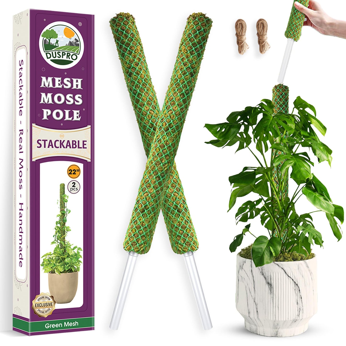 DUSPRO 2 Pack 22" Green Stackable Mesh Moss Pole for Plants – Extendable Up to 39", Natural Forest Moss Pole Monstera Plant Support, Moss Stick for Climbing Plants, Indoor Plant Stakes Accessories