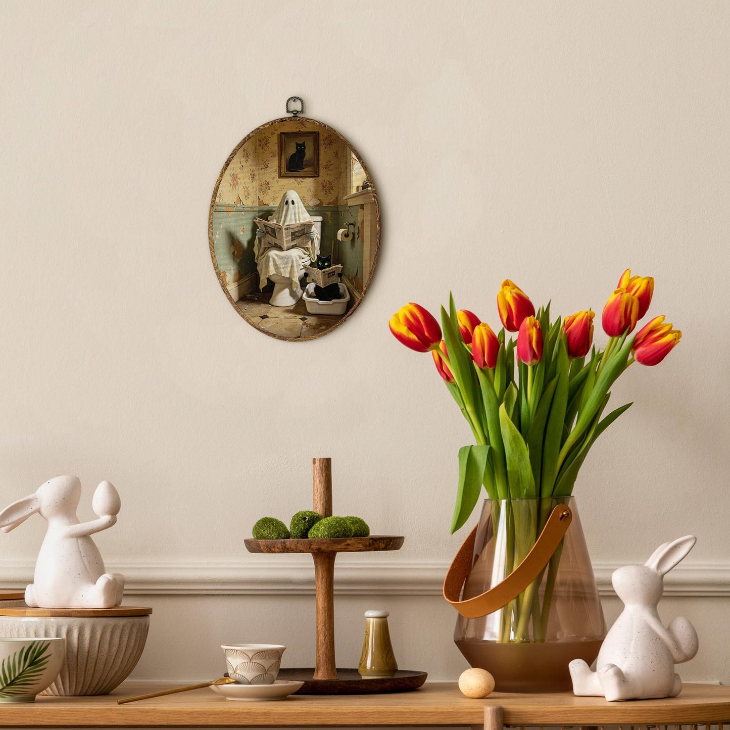 EGVQK Halloween Ghost Oval Wall Art Decor, Black Cat Framed Canvas Prints Wall Art, Funny Ghost Oval Canvas Hanging Decor for Halloween Decorations Indoor Bathroom Toilet Guest Room, 8.5x11.5in