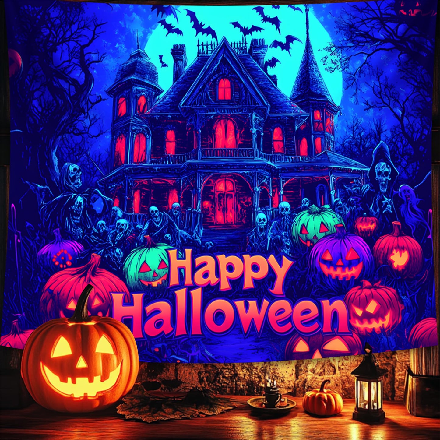 BVBOX Halloween Tapestry, Blacklight Tapestry for Halloween Party Decor Hanging Tapestries Backdrop Wall Art Poster for Bedroom Dorm 90x70in