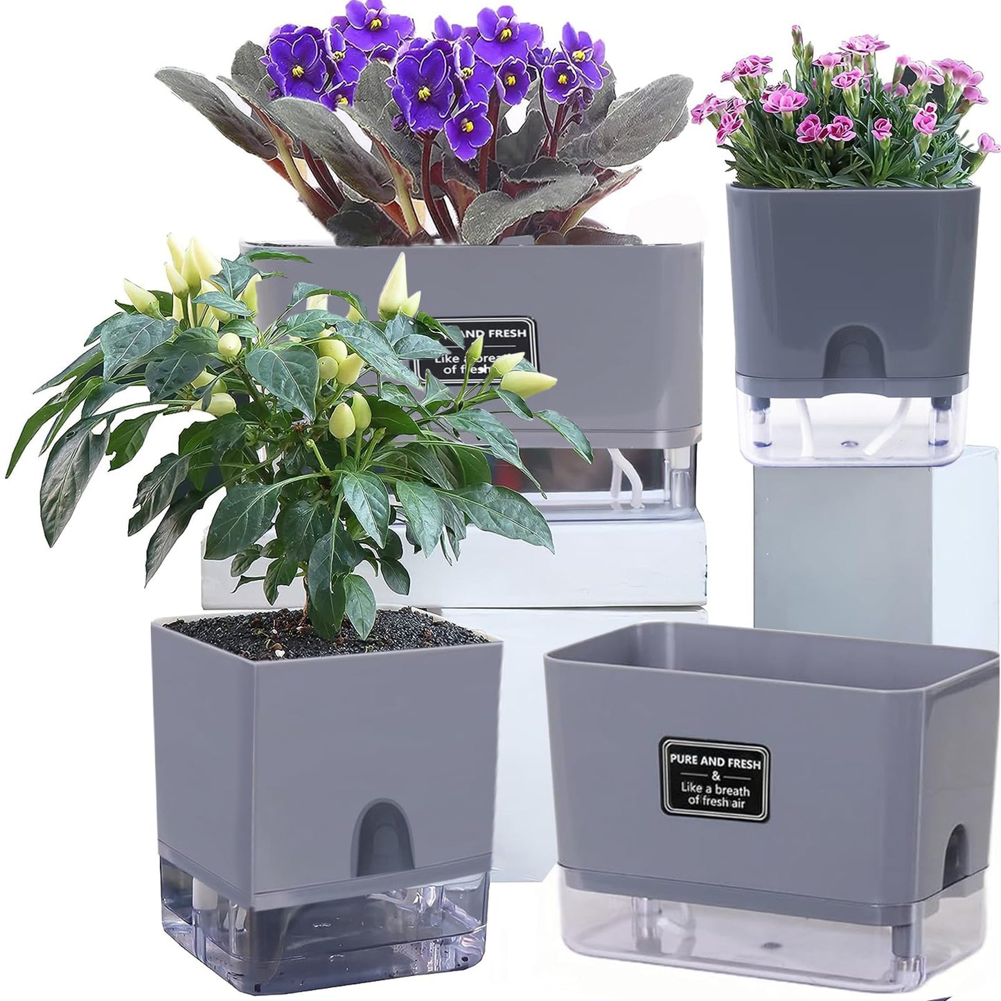 FAMZ Self Watering Pots for Outdoor Plants 4 Pack, Suitable for Indoor and Outdoor Garden Plants and Flowers, Rectangle Planter Box, African Violet Pots, Plant pots, Small Planter (7" Gray)