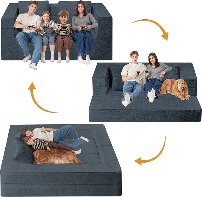 Folding Bean Bag Chair for Adults, 3-in-1 Bean Bag Couch Faux Fur Floor Sofa