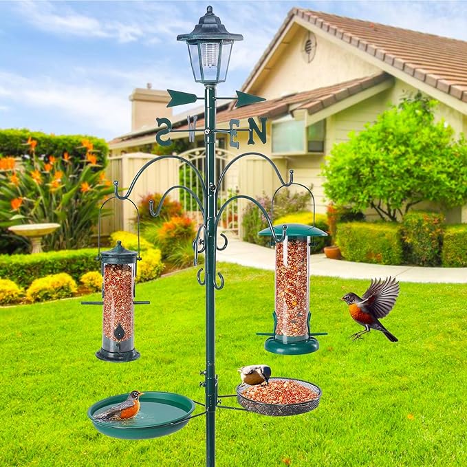 Yinns Bird Feeder with Pole Outdoor, Shepherds Hook for Birdfeeder, Multi Feeder Hanging with Solar Lamp, Tube Feeder, Bird Bath and Flower Pot for Attracting Wild Birds, 58 inch