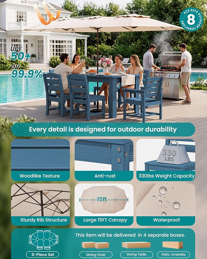 SERWALL Patio Dining Set with 15FT Double Side Umbrella, Outdoor Dining Sets