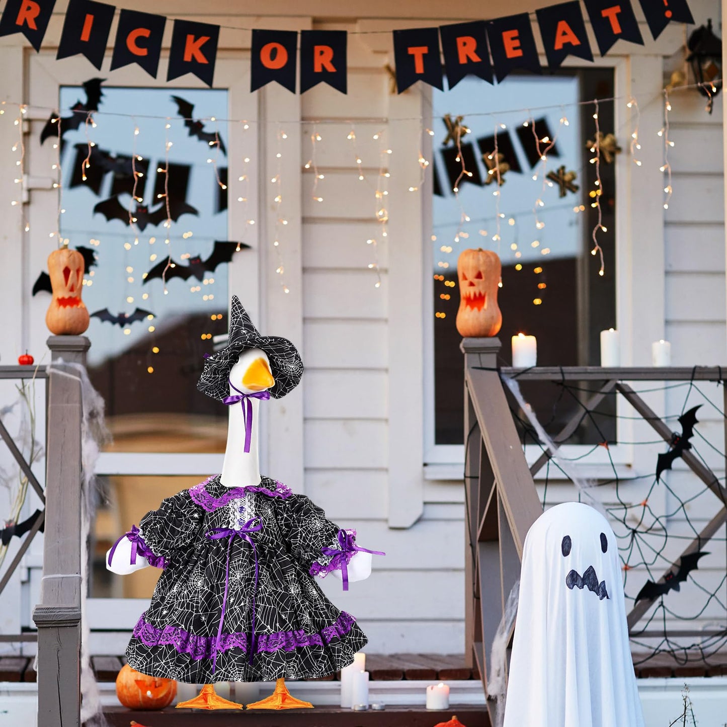 SilTriangle Halloween Witch Goose Outfit Set for 23'' Plastic Lawn Porch Goose Statue Clothes Witch Fancy Dress with Pumpkin Basket Halloween Costume for Outdoor Patio Yard Lawn Art Decor
