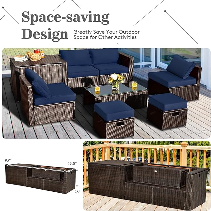 Tangkula 8 Piece Patio Furniture Set, Patiojoy Outdoor Space Saving PE Rattan