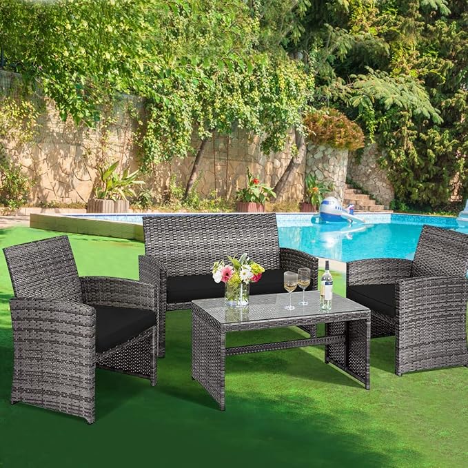 Tangkula 4 PCS Wicker Patio Conversation Set, Outdoor Rattan Sofas