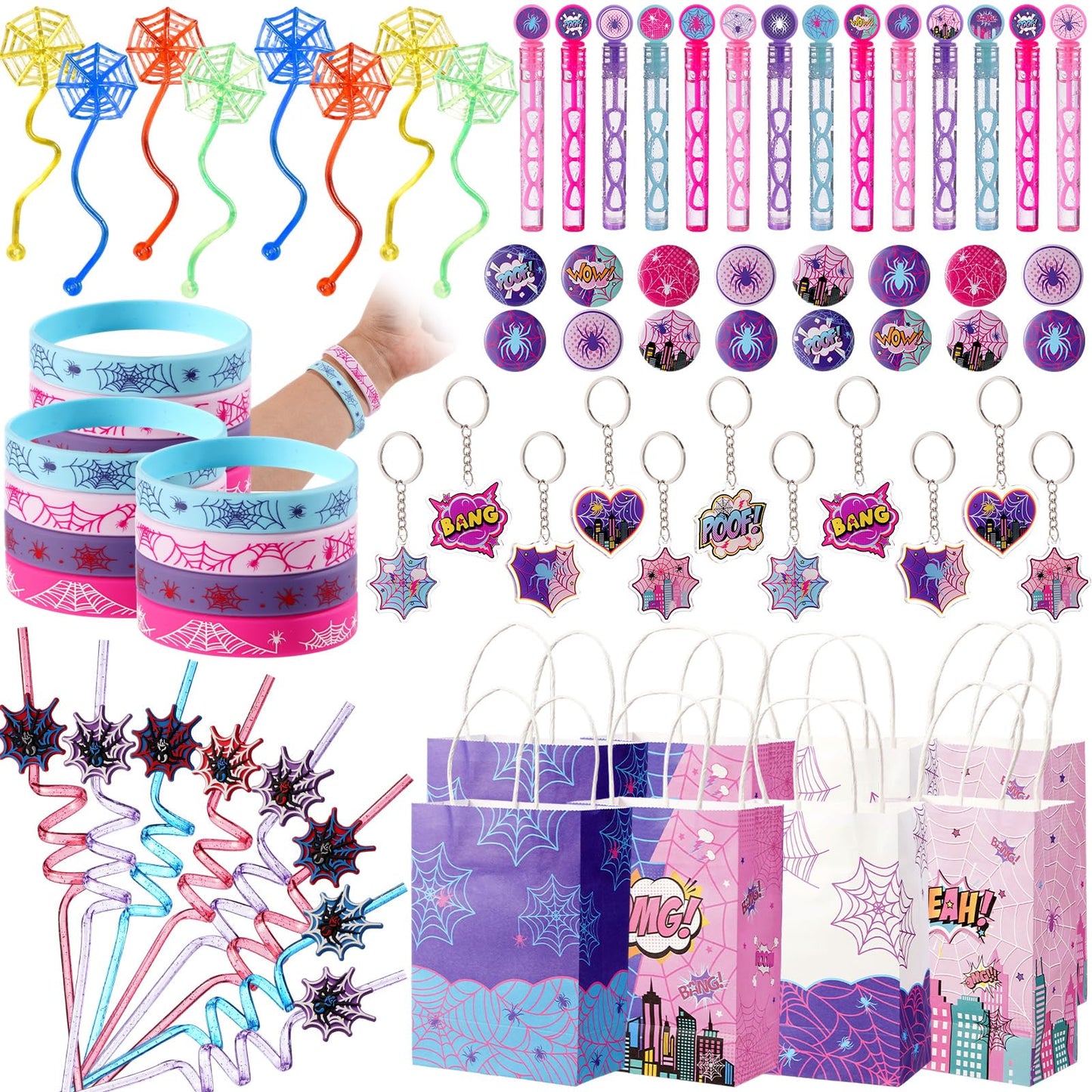 Vanblue 84 Pcs Pink Purple Spider Party Favors Gift Spiderweb Themed Birthday Party Decorations, Spider Comic Heroes Goodie Bag Stuffers,Classroom Reward Piñata Fillers for Girls Movie Fans