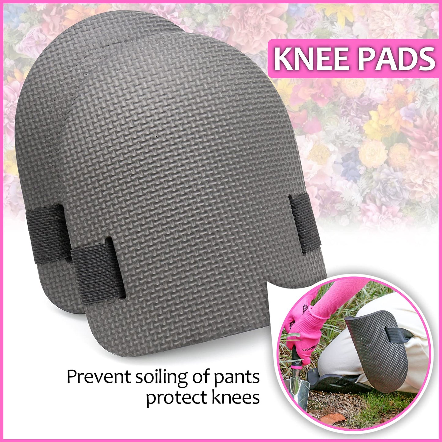 THINKWORK Pink Garden Tools, Gardening Gifts for Women, with 2 in 1 Detachable Storage Bag, Trowel, Transplanter, Rake, Weeder, Cultivator, Purning Shears and 3 Additional Protection Tools