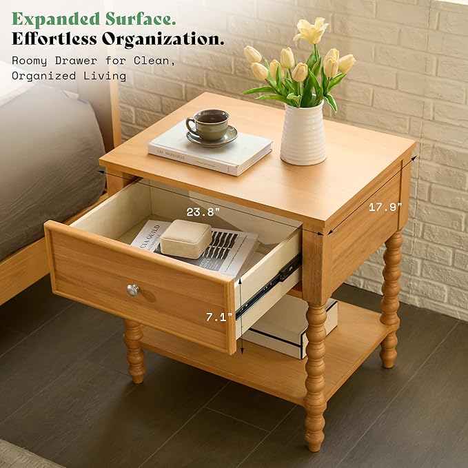 AMERLIFE 24" Wood Nightstand Set of 2, Vintage Bedside Table