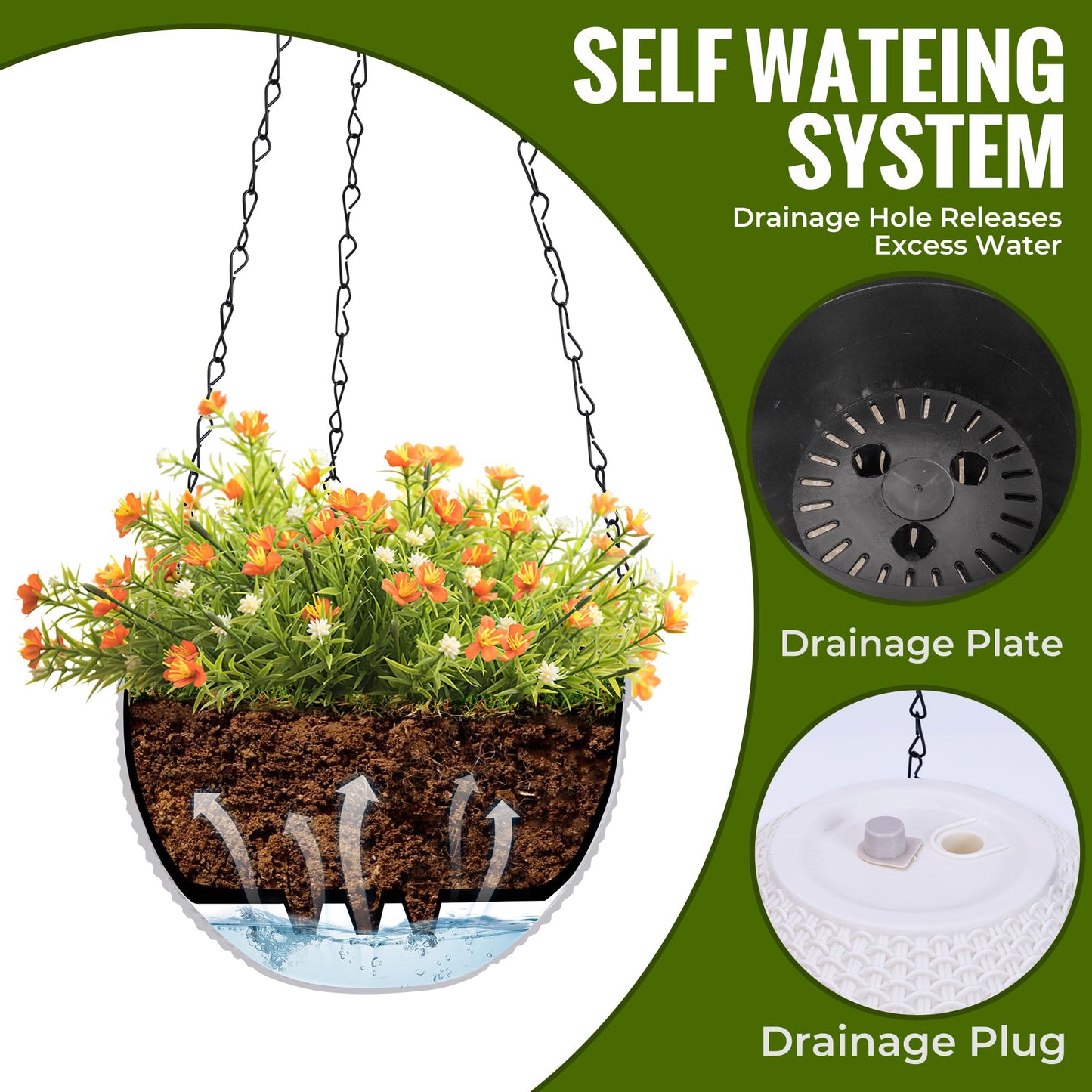 ZUIAOYIBOU Hanging Pots for Plants Outdoor - 2 Pack White Artificial Rattan Solar Flower Baskets with Drainage Holes & Removable Tray, Garden Gifts for Women/Mothers, Porch, Balcony Decor