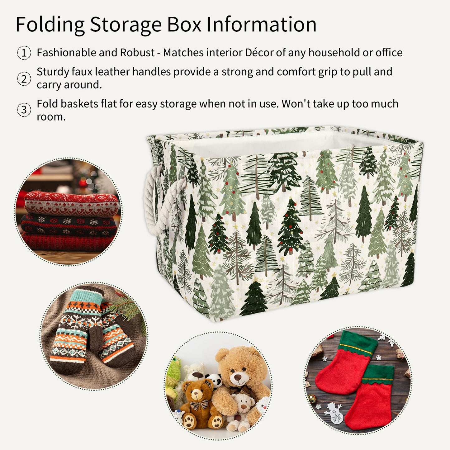 JarThenaAMCS 2Pcs Christmas Rectangle Storage Basket 15 x 10.2 x 9.4 In Xmas Pine Tree Foldable Open Toy Organizer Bag with Handle Large Laundry Dirty Cloth Storage Bin for Bedroom Shelves Closet
