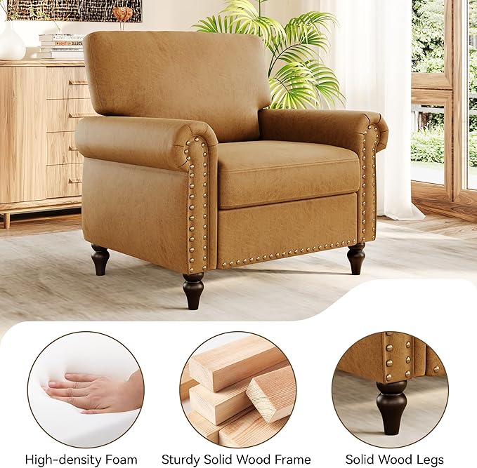 Nailhead Trim Accent Chair, Faux Leahter Mid Century Modern Living Room Arm